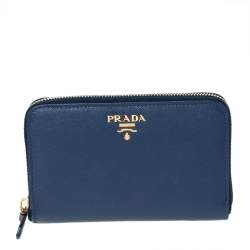 Pre Owned Prada Blue Saffiano Lux Leather Zip Around Wallet