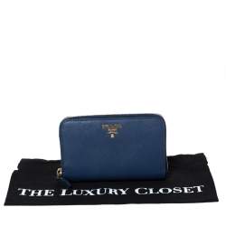 Pre Owned Prada Blue Saffiano Lux Leather Zip Around Wallet