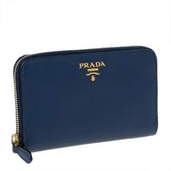 Pre Owned Prada Blue Saffiano Lux Leather Zip Around Wallet
