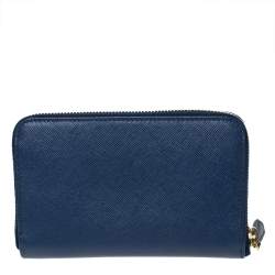 Pre Owned Prada Blue Saffiano Lux Leather Zip Around Wallet