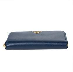 Pre Owned Prada Blue Saffiano Lux Leather Zip Around Wallet