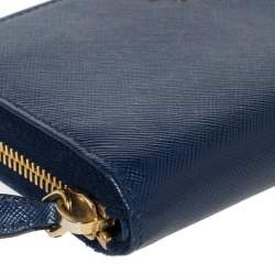 Pre Owned Prada Blue Saffiano Lux Leather Zip Around Wallet
