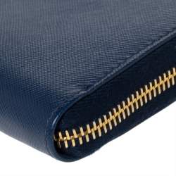Pre Owned Prada Blue Saffiano Lux Leather Zip Around Wallet