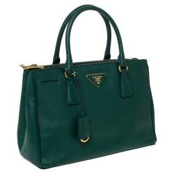Pre Owned Prada Green Saffiano Lux Leather Small Double Zip Tote
