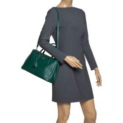 Pre Owned Prada Green Saffiano Lux Leather Small Double Zip Tote