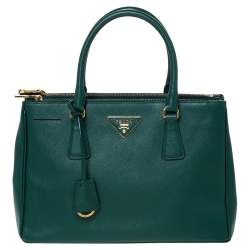 Pre Owned Prada Green Saffiano Lux Leather Small Double Zip Tote