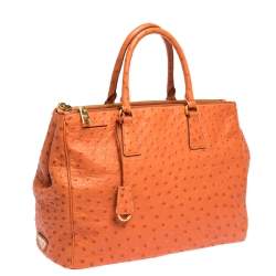 Pre Owned Prada Orange Ostrich Large Double Zip Tote