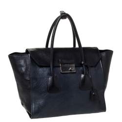 Pre Owned Prada Black/Blue Glace Leather Large Twin Pocket Tote 