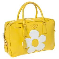 Pre Owned Prada Yellow/White Saffiano Patent Leather Flower Bauletto Bag