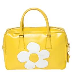 Pre Owned Prada Yellow/White Saffiano Patent Leather Flower Bauletto Bag