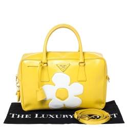 Pre Owned Prada Yellow/White Saffiano Patent Leather Flower Bauletto Bag