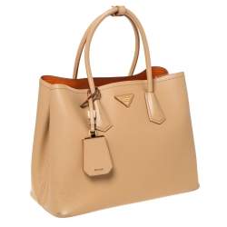 Pre Owned Prada Beige Saffiano Cuir Leather Medium Double Handle Tote