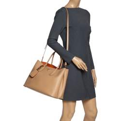 Pre Owned Prada Beige Saffiano Cuir Leather Medium Double Handle Tote