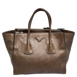 Pre Owned Prada Brown Leather Medium Twin Pocket Double Handle Tote