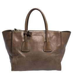 Pre Owned Prada Brown Leather Medium Twin Pocket Double Handle Tote