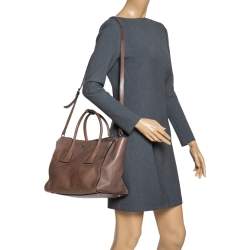 Pre Owned Prada Brown Leather Medium Twin Pocket Double Handle Tote