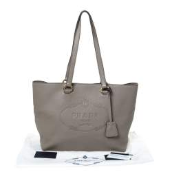 Pre Owned Prada Grey Vitello Daino Leather Logo Embossed Tote