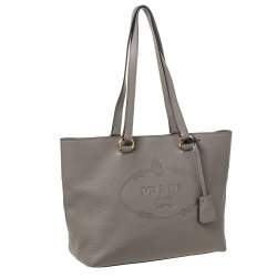 Pre Owned Prada Grey Vitello Daino Leather Logo Embossed Tote