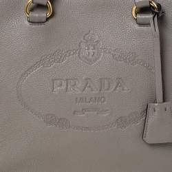 Pre Owned Prada Grey Vitello Daino Leather Logo Embossed Tote