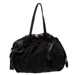 Prada Black Python Print Nylon and Leather Bow Shoulder Bag