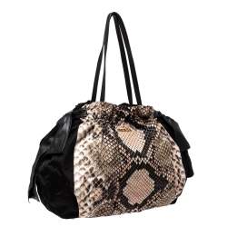 Prada Black Python Print Nylon and Leather Bow Shoulder Bag