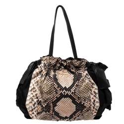 Prada Black Python Print Nylon and Leather Bow Shoulder Bag