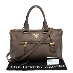 Pre Owned Prada Dark Beige Vitello Daino Leather Zip Tote