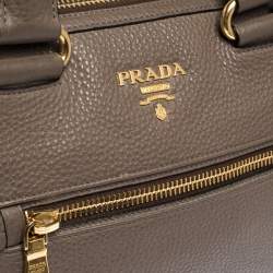 Pre Owned Prada Dark Beige Vitello Daino Leather Zip Tote