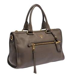 Pre Owned Prada Dark Beige Vitello Daino Leather Zip Tote