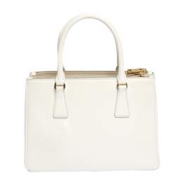 Pre Owned Prada White Saffiano Lux Leather Small Double Zip Tote
