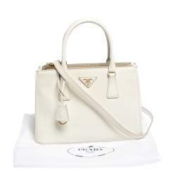 Pre Owned Prada White Saffiano Lux Leather Small Double Zip Tote