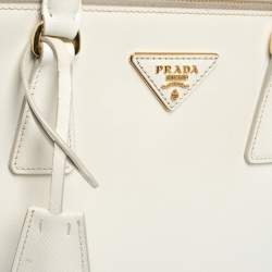 Pre Owned Prada White Saffiano Lux Leather Small Double Zip Tote