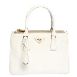 Pre Owned Prada White Saffiano Lux Leather Small Double Zip Tote