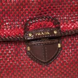 Pre Owned Prada Red/Brown Woven Leather Madras Top Handle Bag