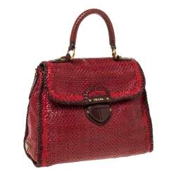 Pre Owned Prada Red/Brown Woven Leather Madras Top Handle Bag