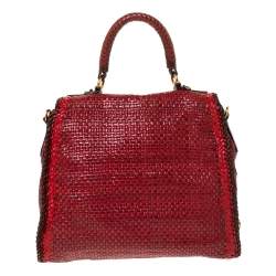 Pre Owned Prada Red/Brown Woven Leather Madras Top Handle Bag