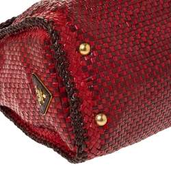 Pre Owned Prada Red/Brown Woven Leather Madras Top Handle Bag
