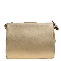 Pre Owned Prada Gold Saffiano Lux Leather Light Frame Shoulder Bag