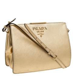 Pre Owned Prada Gold Saffiano Lux Leather Light Frame Shoulder Bag