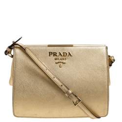 Pre Owned Prada Gold Saffiano Lux Leather Light Frame Shoulder Bag