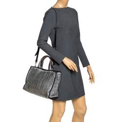 Pre Owned Prada Black/Silver Woven Leather Madras Tote