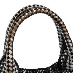 Pre Owned Prada Black/Silver Woven Leather Madras Tote