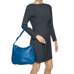 Pre Owned Prada Blue Saffiano Lux Leather Hobo