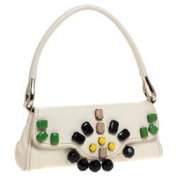 Pre Owned Prada White Leather Embellished Flap Bag