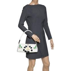 Pre Owned Prada White Leather Embellished Flap Bag