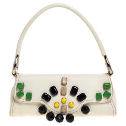 Pre Owned Prada White Leather Embellished Flap Bag