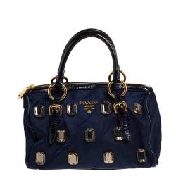 Pre Owned Prada Blue/Black Nylon and Patent Leather Jewel Embellished Boston Bag