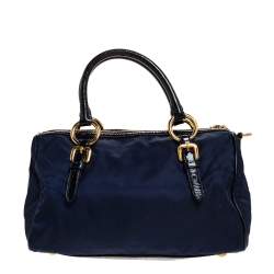 Pre Owned Prada Blue/Black Nylon and Patent Leather Jewel Embellished Boston Bag