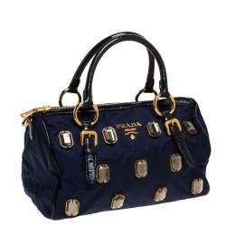 Pre Owned Prada Blue/Black Nylon and Patent Leather Jewel Embellished Boston Bag