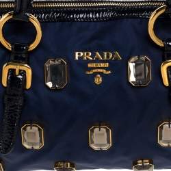 Pre Owned Prada Blue/Black Nylon and Patent Leather Jewel Embellished Boston Bag